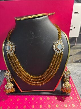 Amber Multi-Strand Crystal Necklace with Floral Kundan Accents